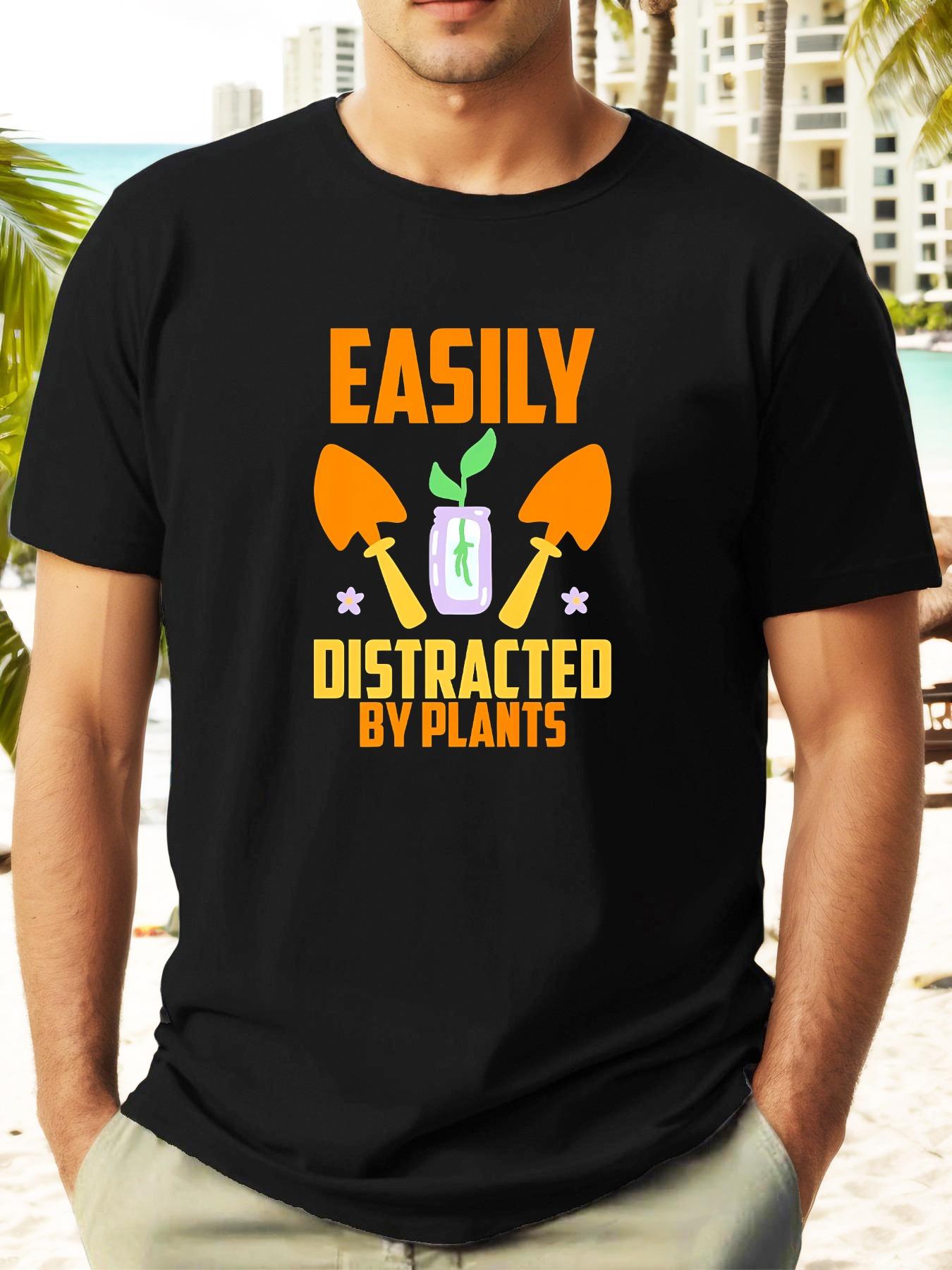 Easily Distracted By Plants Graphic T-shirt - Black Casual Short Sleeve Summer Tee with Gardening Tools & Floral Design S
