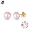 ORSA JEWELS Real 925 Sterling Silver Stud Earrings For Women Genuine Fresh Water Pearl 8 MM Gold-color Female Party Jewelry SE86