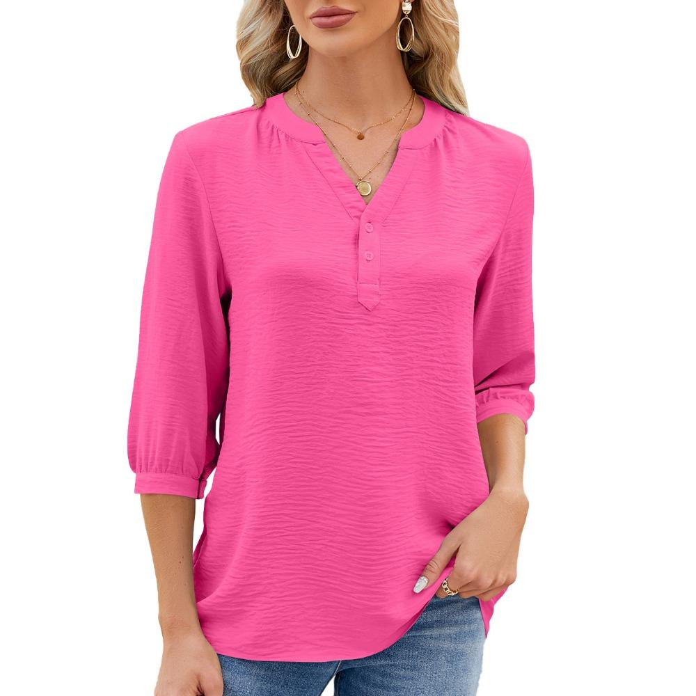 

IHUASU весна/лето свободная однотонная шифоновая футболка с v-образным вырезом и пуговицами женский топ розы красного