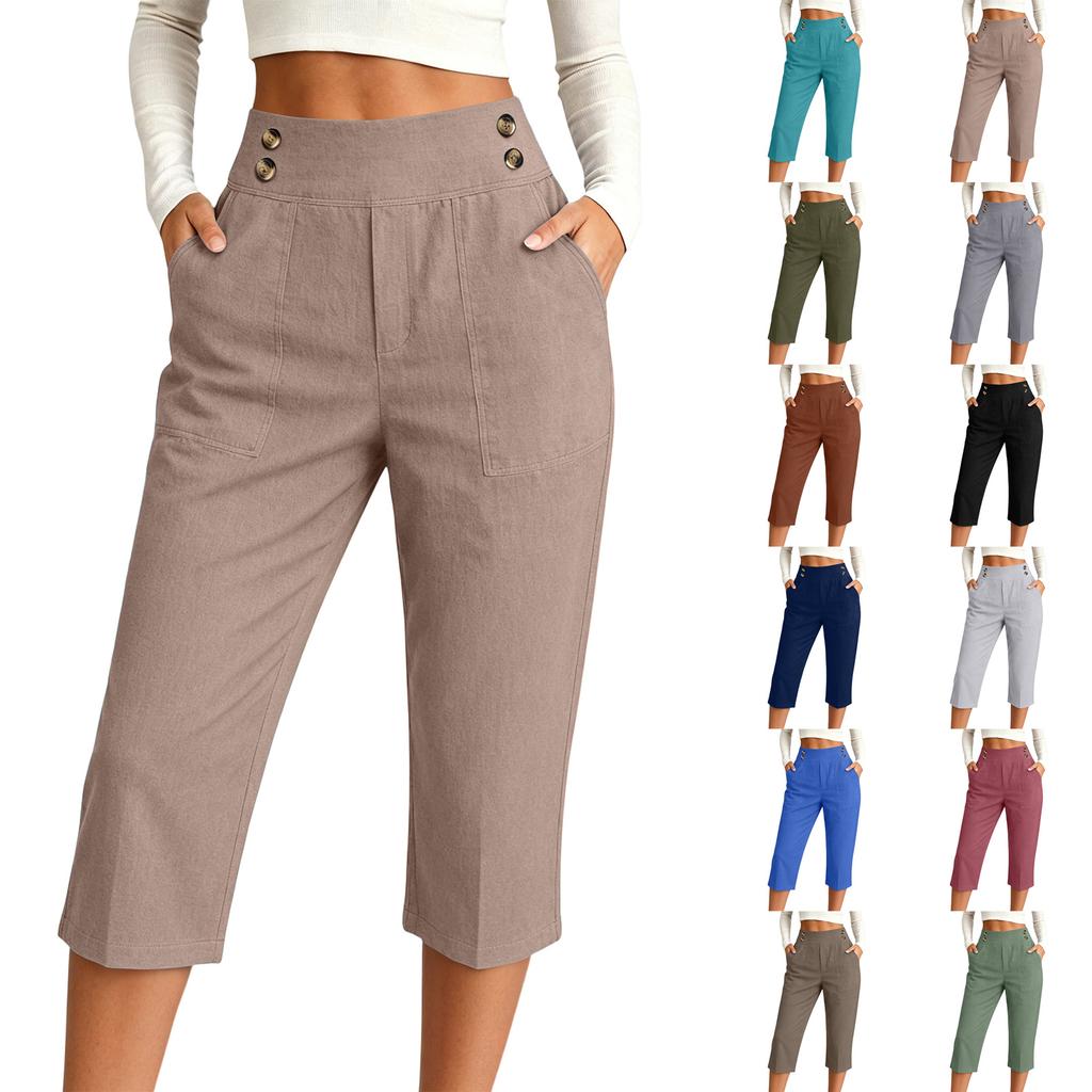 Women's Loose Fit Straight Leg Elastic Waistband Beach Capri Pants Casual Cropped Trousers with Button Detail and Side Pockets