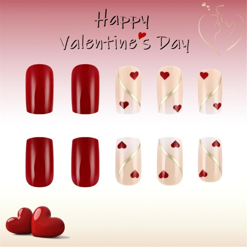24 Pcs Heart Press On Nail Glossy Artificial Nail Golden Stripes Stick on Nail Valentines Day Full Cover False Nail