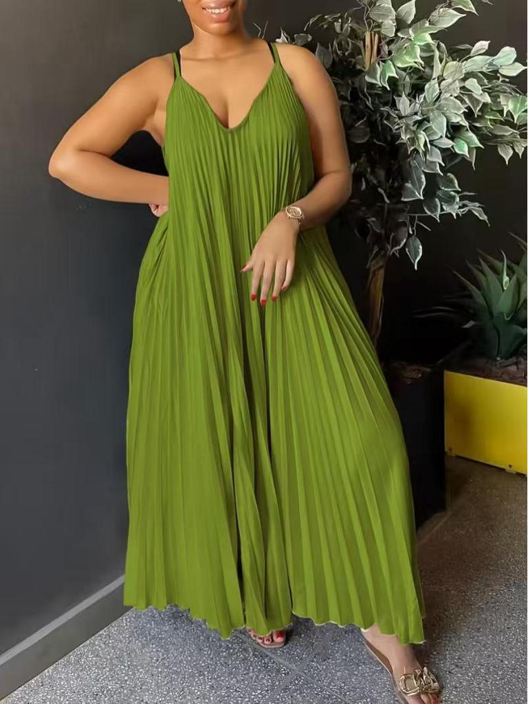 Plus Size Spaghetti Strap Pleated V-Neck Summer Dress with Flowing Hem