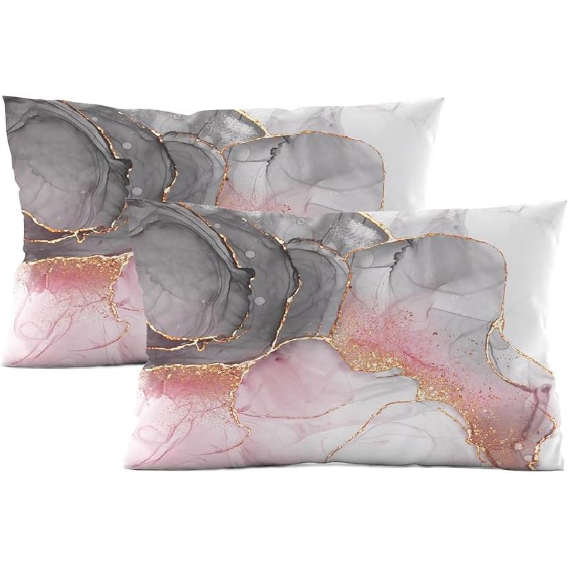 HVEST Pink Marble Pillow Covers Set of 2, Pink and Gold Grey Abstract Marble Textured Throw Pillow Covers 12x20 Modern Minimalist Decorative Pillow розовый