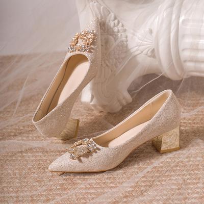 2025 New Fashion  Women's Elegant Black Mid Block Heels Pumps with Crystal Rhinestone Pointed Toe Dress Shoes