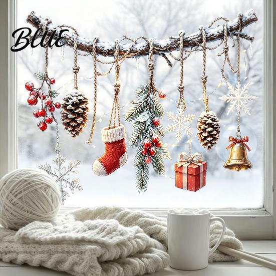 Removable PVC Window Film Christmas Branch and Pendants Clings Waterproof Static Glass Stickers Winter Pinecone Decals Bell Snowflake Stocking