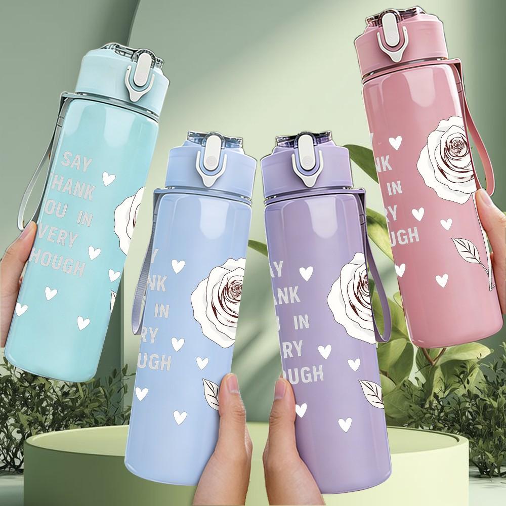 1PC White Rose Flower Quote Pattern 750ml Color Plastic Sports Water Bottle Leakproof Flip Straw Lid Suitable for Sports Office Home Use