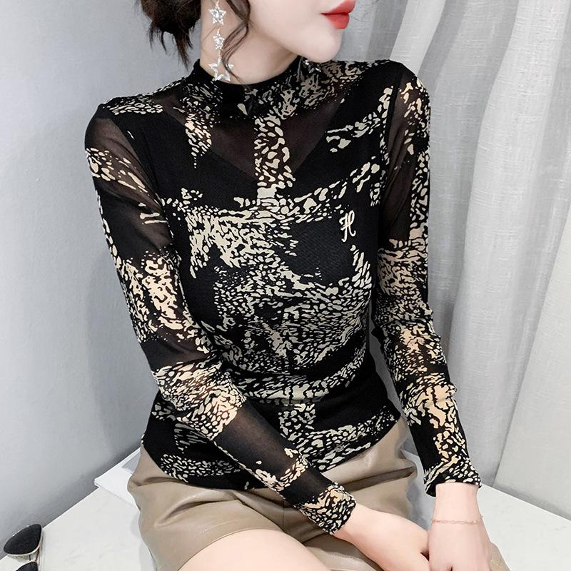 European 2024 Autumn/Winter Rhinestone Mesh Slim Fit Long Sleeve Top