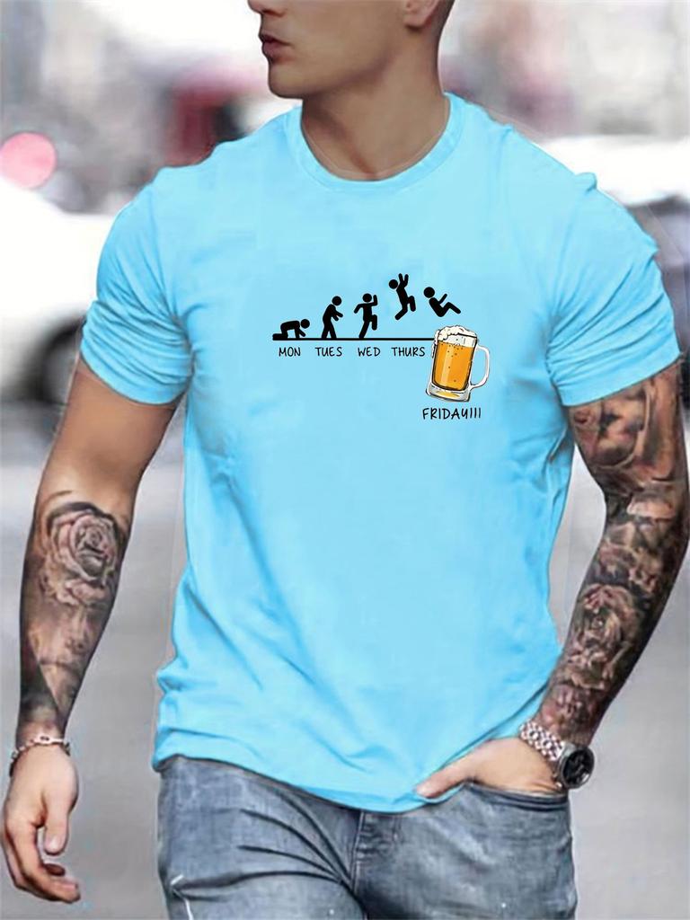 Summer Men's 100% Cotton Casual Loose Size Jumping In Beer Print Round Neck Short Sleeved T-shirt Top
