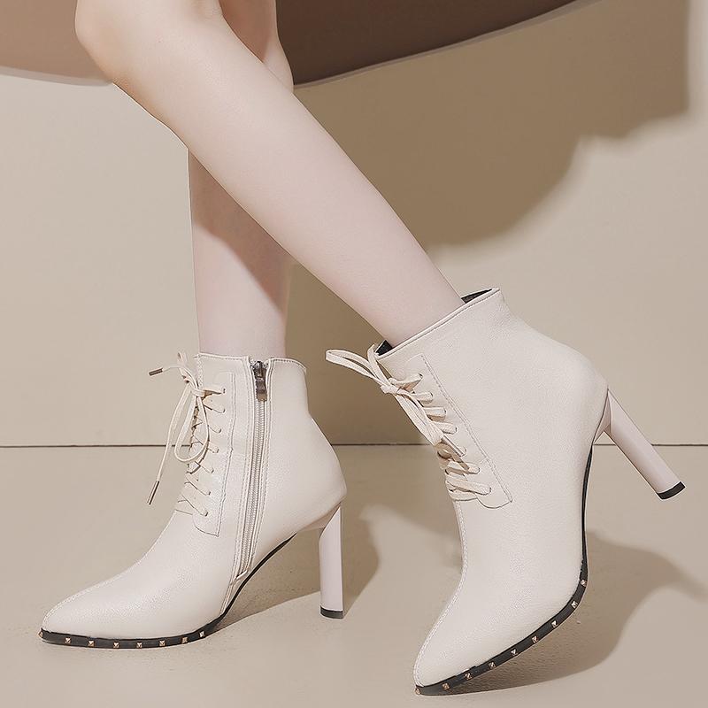 Fashion Naked Boots Winter New Pointed Toe Front Lace-Up Side Zipper Anti-Slip Wear-Resistant High Heels