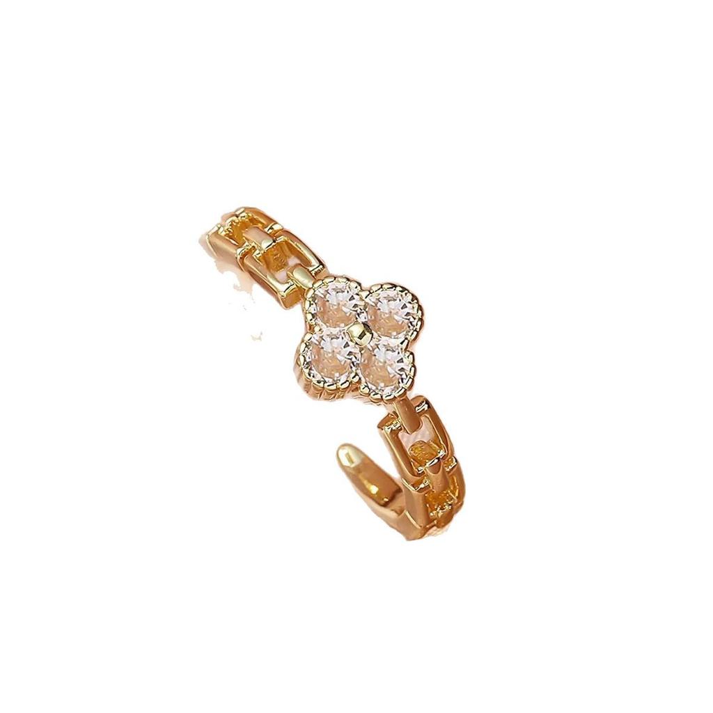 New High-level Sense of Fashion Light Luxury Zirconia Four-leaf Clover Ring Versatile Lucky Grass Open Finger Ring Female