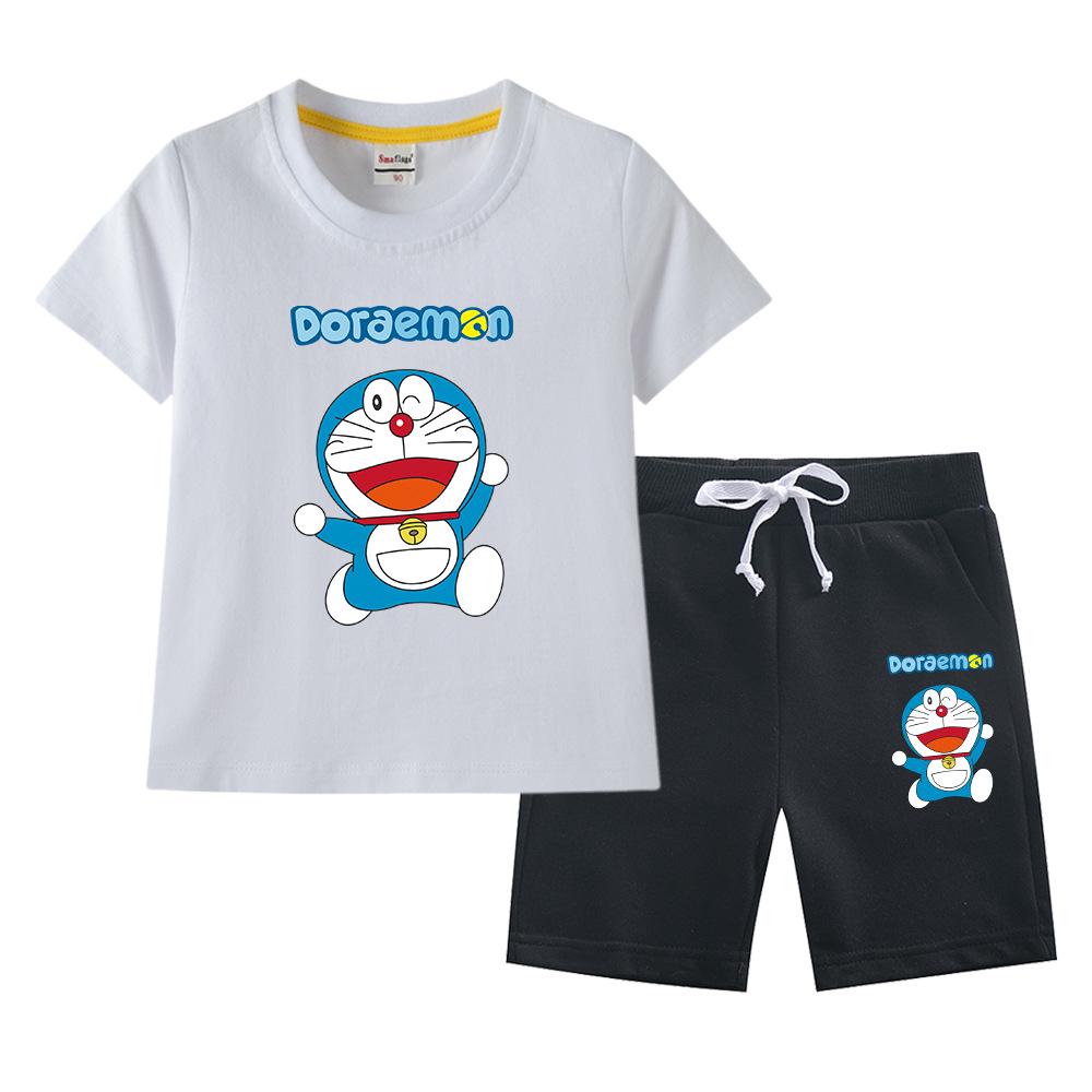 Doraemon Kids' Summer Set: Short-Sleeve T-shirt & Capris for Boys and Girls - Lightweight Casual Two-Piece.