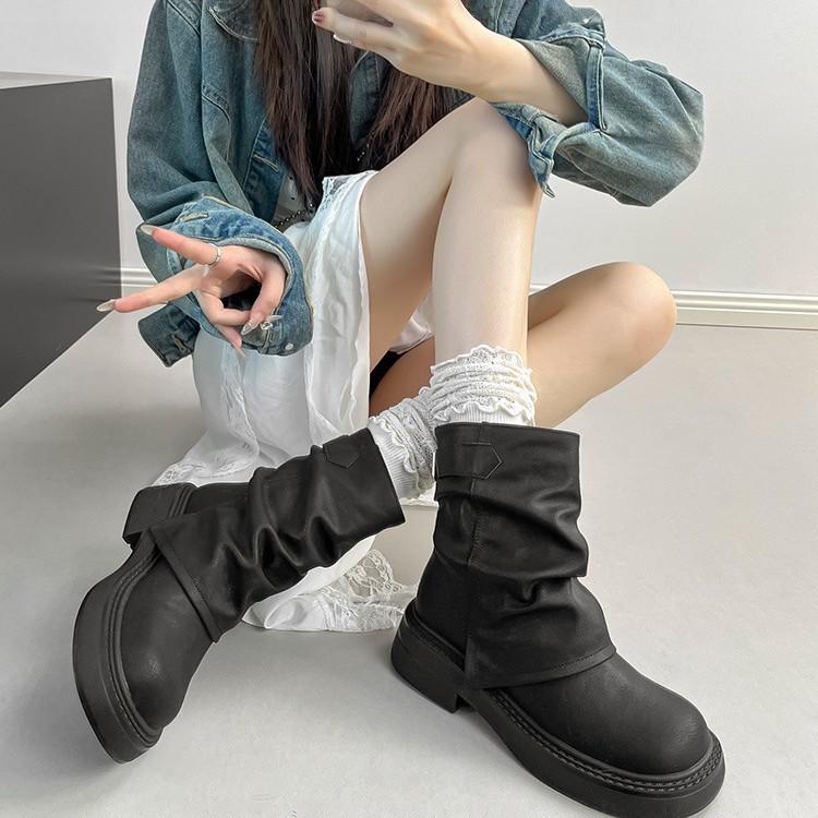 Leather retro pile short boots women's 2025 autumn new thick-soled Martin boots summer brown boots Maillard trouser boots
