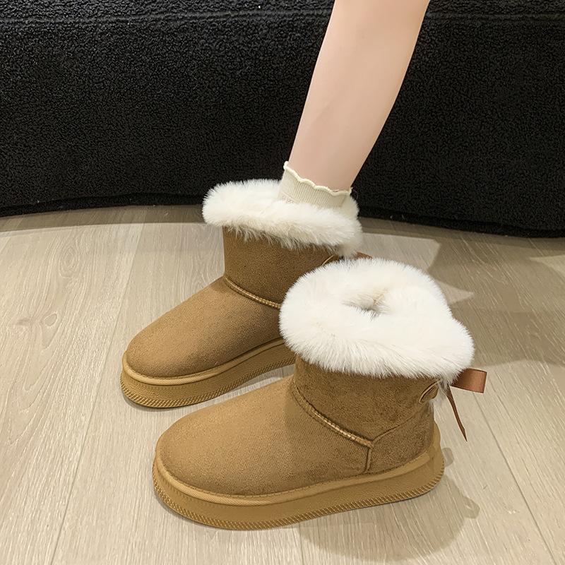 2025 New Bow Decoration Casual Women's Snow Boots Thick Sole Plus Size Warm Cotton Shoes