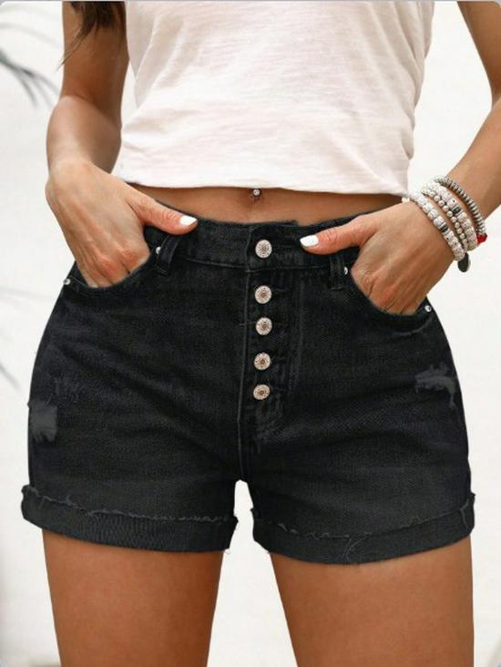 High-Waisted Stretchy Slim-Fit Straight Denim Shorts with Four Buttons S