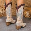Fashion Retro 2025 Plus Size Women's New Embroidered Mid-leg Boots