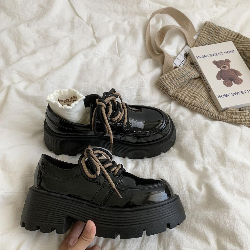 Thick Heel Thick Sole Heightened Black Small Leather Shoes Women's Autumn 2025 New British Style Retro Lace-up Single Shoes Ins