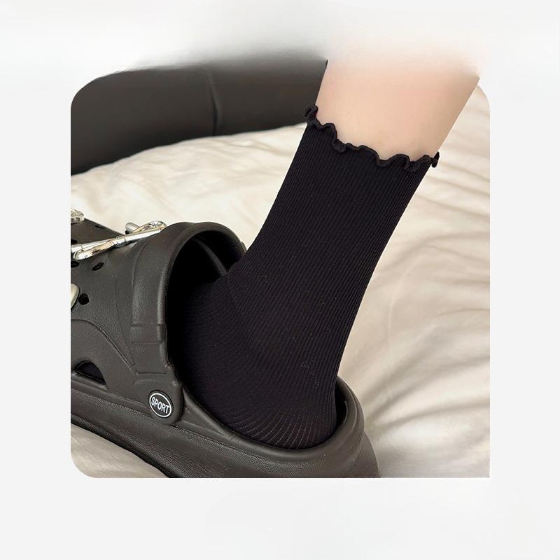 Black Ear-trimmed Socks for Women, Summer Mid-calf Socks with Lace, Boneless, Loose, Pile Socks, Versatile Cotton Socks for Students