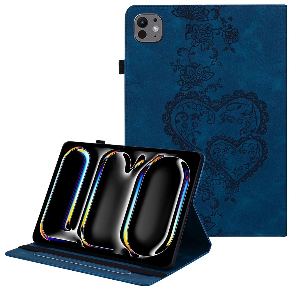 For iPad Pro 11 (2025)/11 (2024) Leather Case Heart Imprint Foldable Stand Card Slot Stylus Holder Tablet Cover
