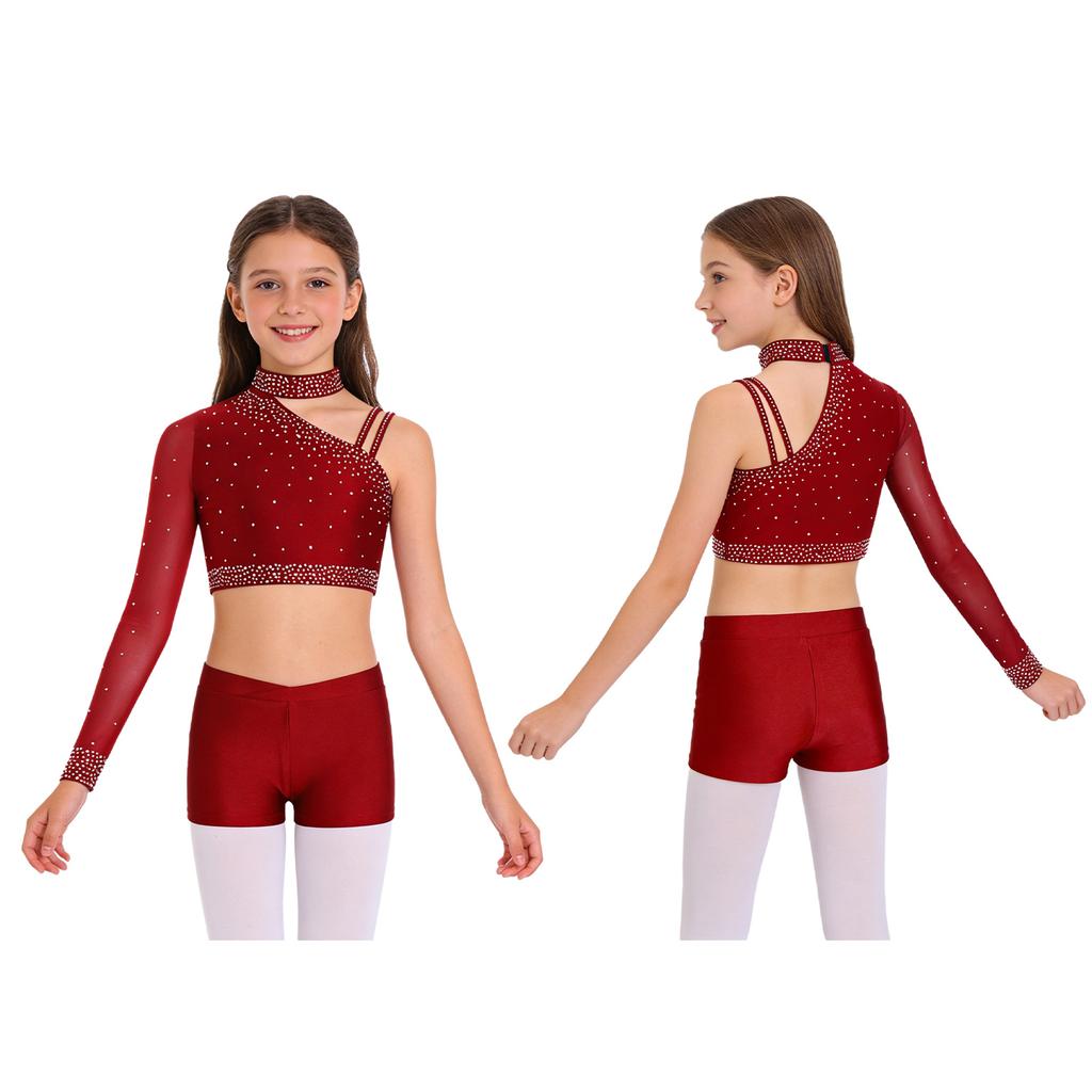 Třpytivý crop top na tanec s kamínky pro dívky: Šortky s nepravidelným ramenem a V-předním pasem pro taneční vystoupení