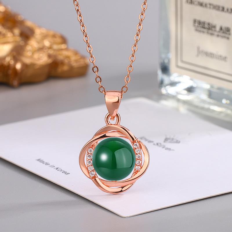 Ethnic Style Zircon & Green Agate Pendant Necklace with Yellow, Red, White Chalcedony for Women