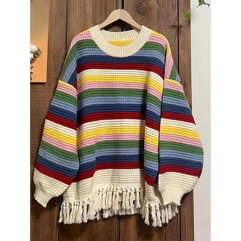 Regenbogen gestreifter Damen-Strickpullover mit langen Ärmeln und Quaste, schickes Damen-Top, Herbst/Winter, lockere, lässige Damenbekleidung