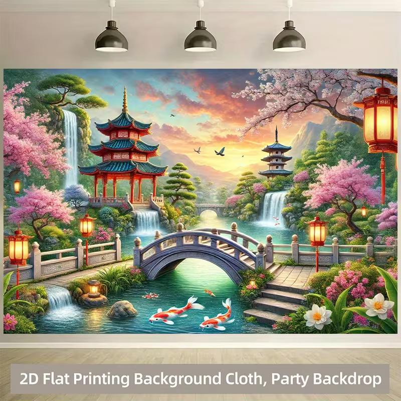 2D Vibrant Koi Fish Temple Backdrop for Studio & Party Decoration