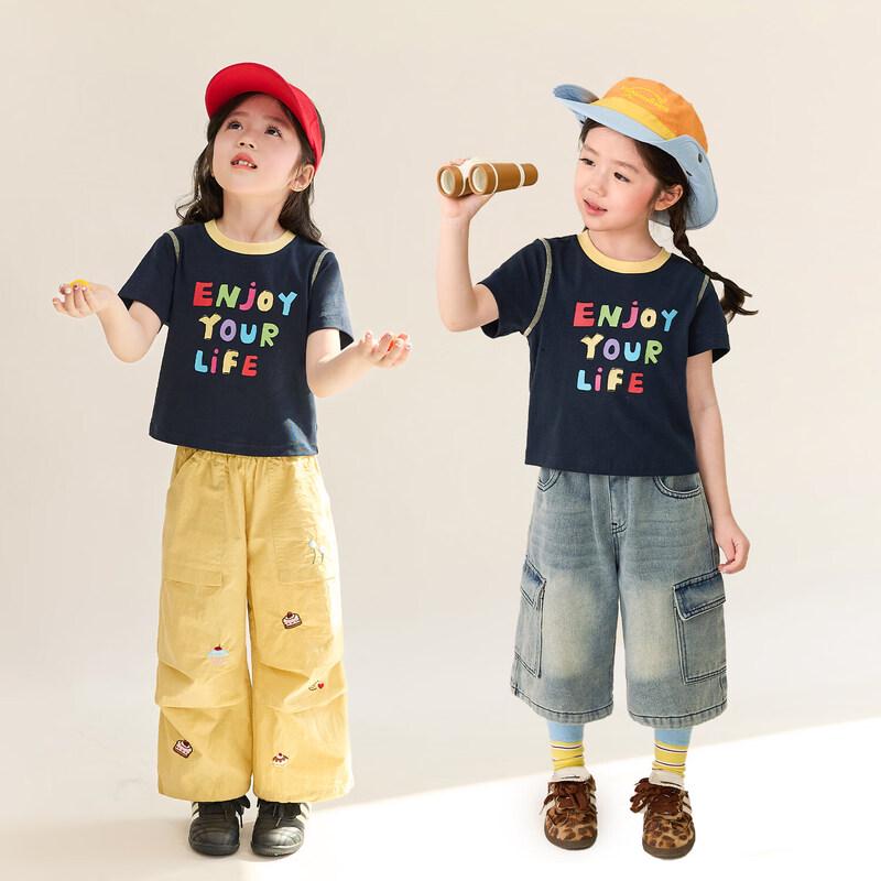 LUSON Girls' Cartoon Color-Block Short Sleeve T-Shirt