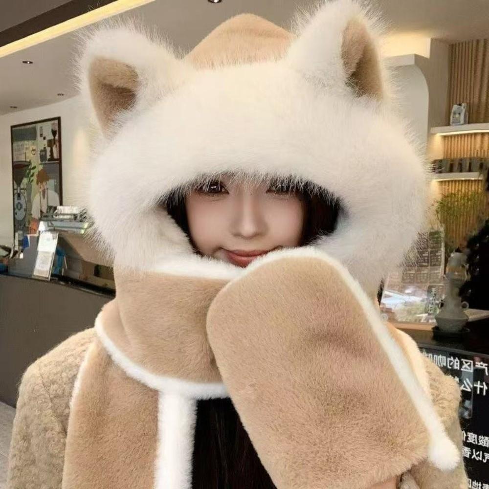Keep Warm Fox Ear Hat Scarf Gloves Windproof Winter Plush Scarf NEW Scarf Gloves Autumn Winter