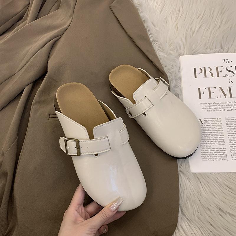 

[Uncle Shoe] New French thick-soled Birkenstock spring and autumn leather surface, ugly and cute bag head slippers, women s thick-soled half-drag 40 бежевый