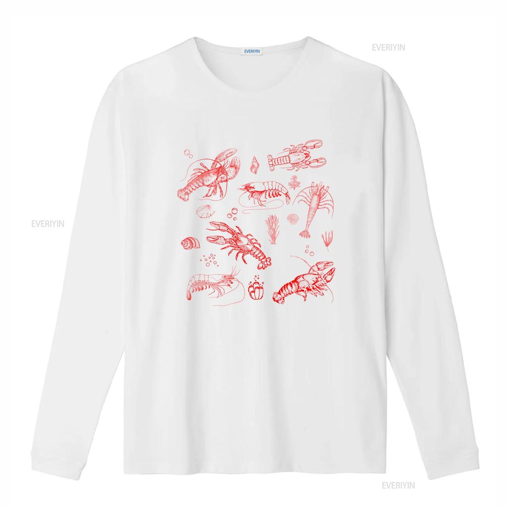 Casual Streetwear Line Art Red Seafood Lobster Shrimp Print T Shirt Vintage Washed Unisex Soft Fashion Stretched