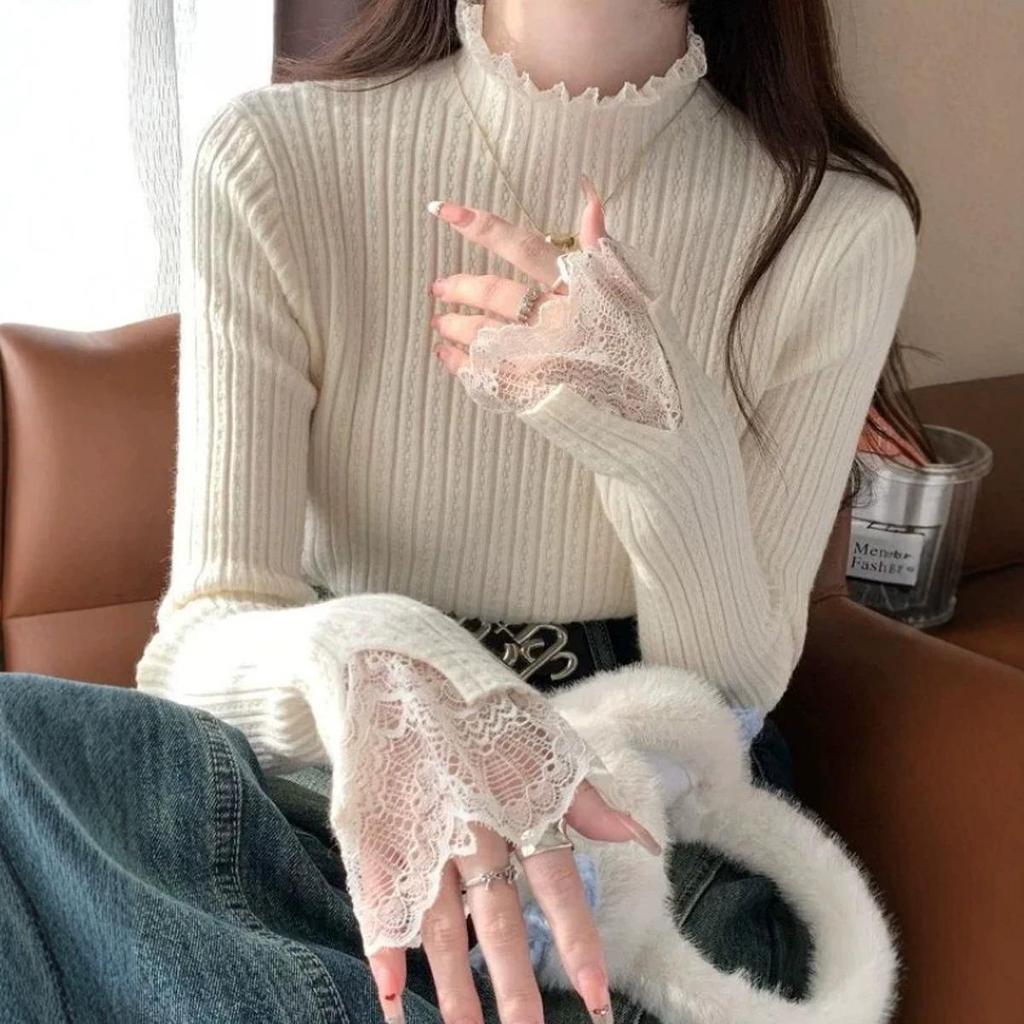 Women's Autumn/Winter Black Lace Patchwork Sweater, Slimming Half-High Collar Knit Top with Long Sleeves
