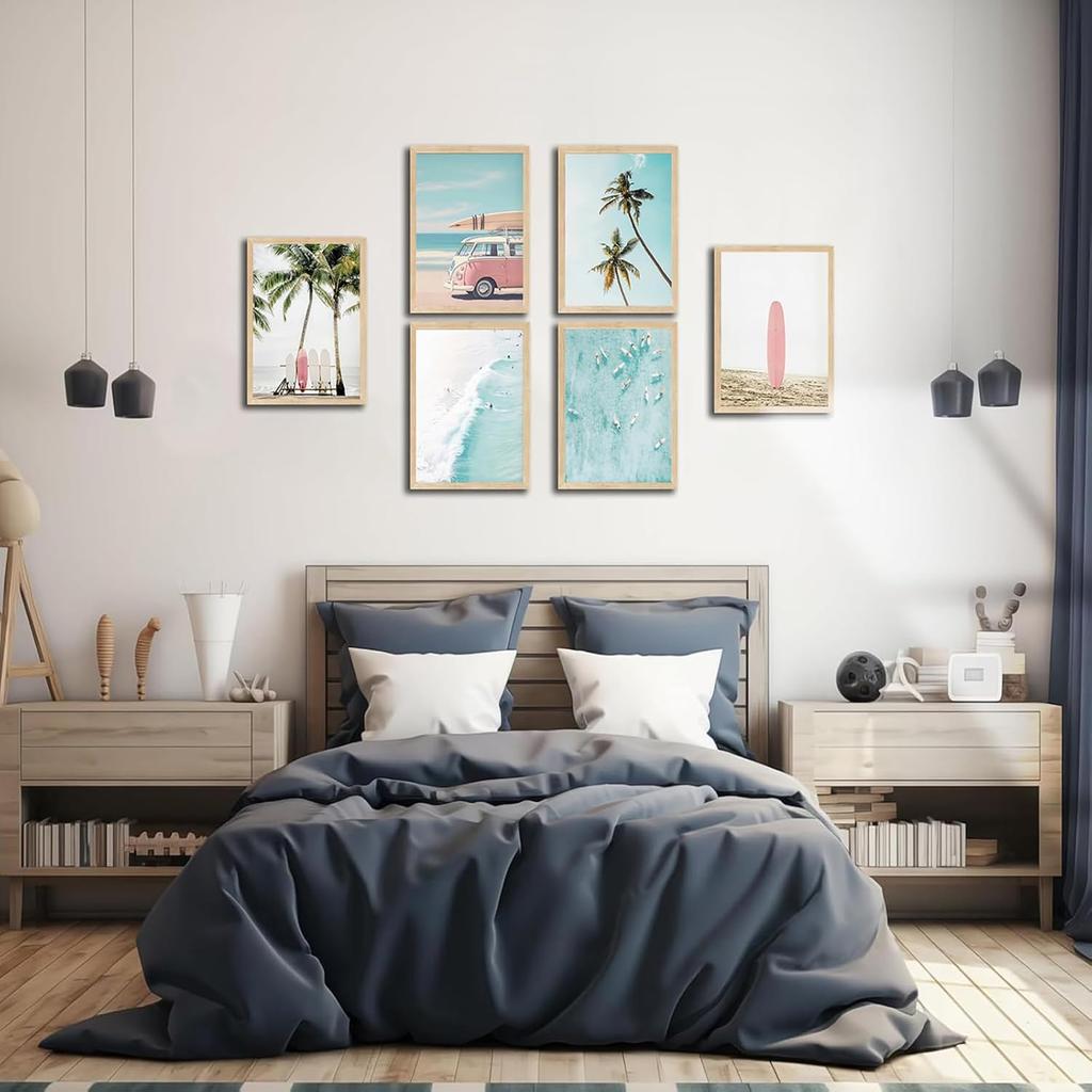 6Pcs Surf Canvas Wall Art Summer Beach Posters Tropical Ocean Coastal Wall Decor Palm Tree Surfboard Seascape Painting Prints Nautical Pictures Gift