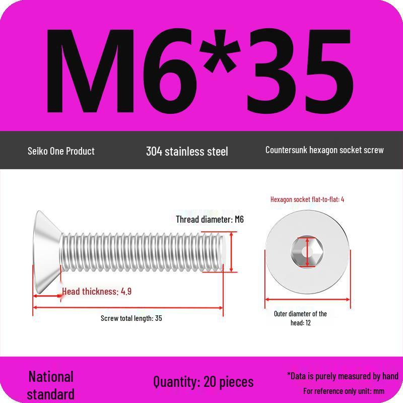M2-M10 Stainless Steel Flat Head Machine Screws and Bolts Set, Countersunk Hex Socket Cap, 304 Grade.