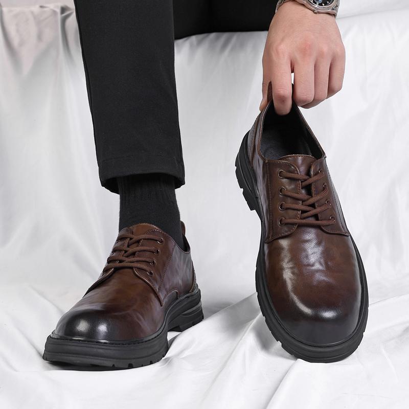 Fashion Brand Mens Round Toe Breathable Derby Shoes Autumn Classic Men Genuine Leather Comfortable Lace Up Business Casual Leather Shoes