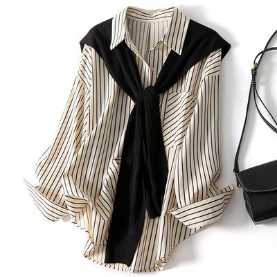 Shawl Design Sense Niche Striped Shirt Women's Two-piece Top Looks Thin and Age-reducing French Shirt Fashionable and Foreign Autumn