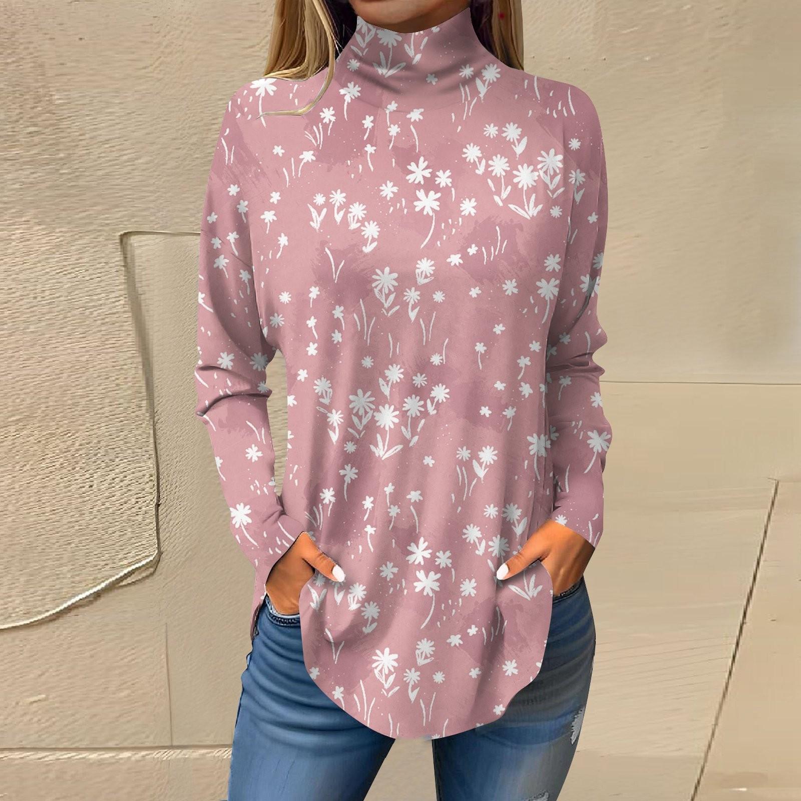 

Женская свободная футболка с высоким воротом и длинными рукавами с цветочным принтом в стиле ретро, топ-пуловер M розовый
