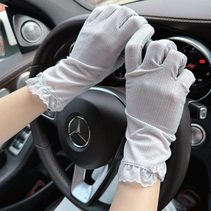 Ice silk spring and autumn thin ultraviolet summer riding driving cycling non-slip touch screen women's lace sunscreen gloves