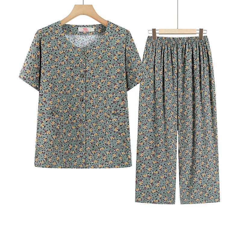 

Grandma s Summer Cotton Silk Two-Piece Set: Short Sleeve Cardigan & Pants Pajama for Middle-aged & Elderly Women. 5XL (140-155 jin) зелёный