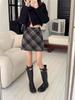 Wool Plaid A-line Mini Skirt - Women's 2025 Autumn/Winter Retro High-Waisted Hip-Hugging Style