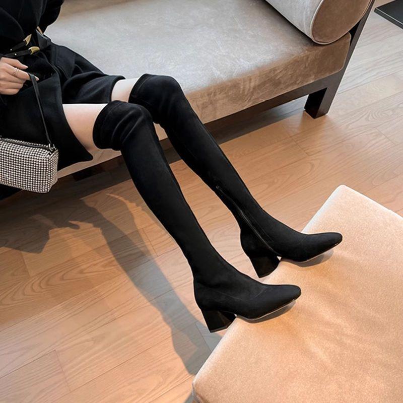 

Ботфорты Сапоги Женские 2025 Лето и Осень Новые Эластичные Высокие Сапоги Небольшая Высота Увеличения Толстый Каблук Узкие На Высоком Каблуке Сапоги 40