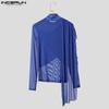INCERUN Men Ruffled High Neck Patchwork Front Cross Fitted Tops Mesh Sheer Irregular T-shirts