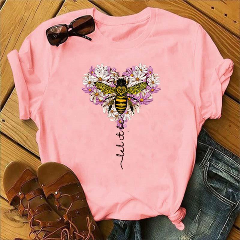 Cotton Tee Cotton 100% Women's Christmas Animal Flower Short Sleeve Bee Flower Print Oversized T Shirt Graphic Tshirts Tops Harajuku