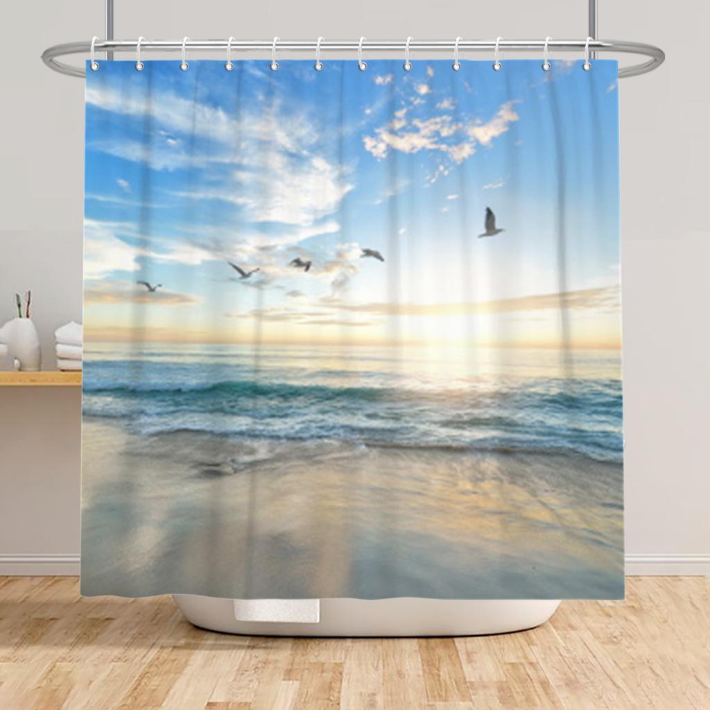 Beach Vacation Shower Curtain Tropical Palm Trees Ocean Waves Starfish Sandy Shore Pattern Waterproof Polyester Bathroom Decor