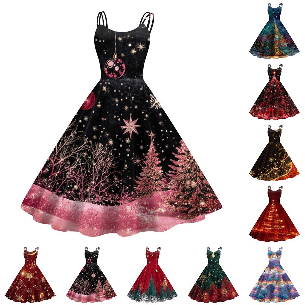 Children's Fashion Casual Christmas Print Sexy Off-the-shoulder Punk Retro Dress