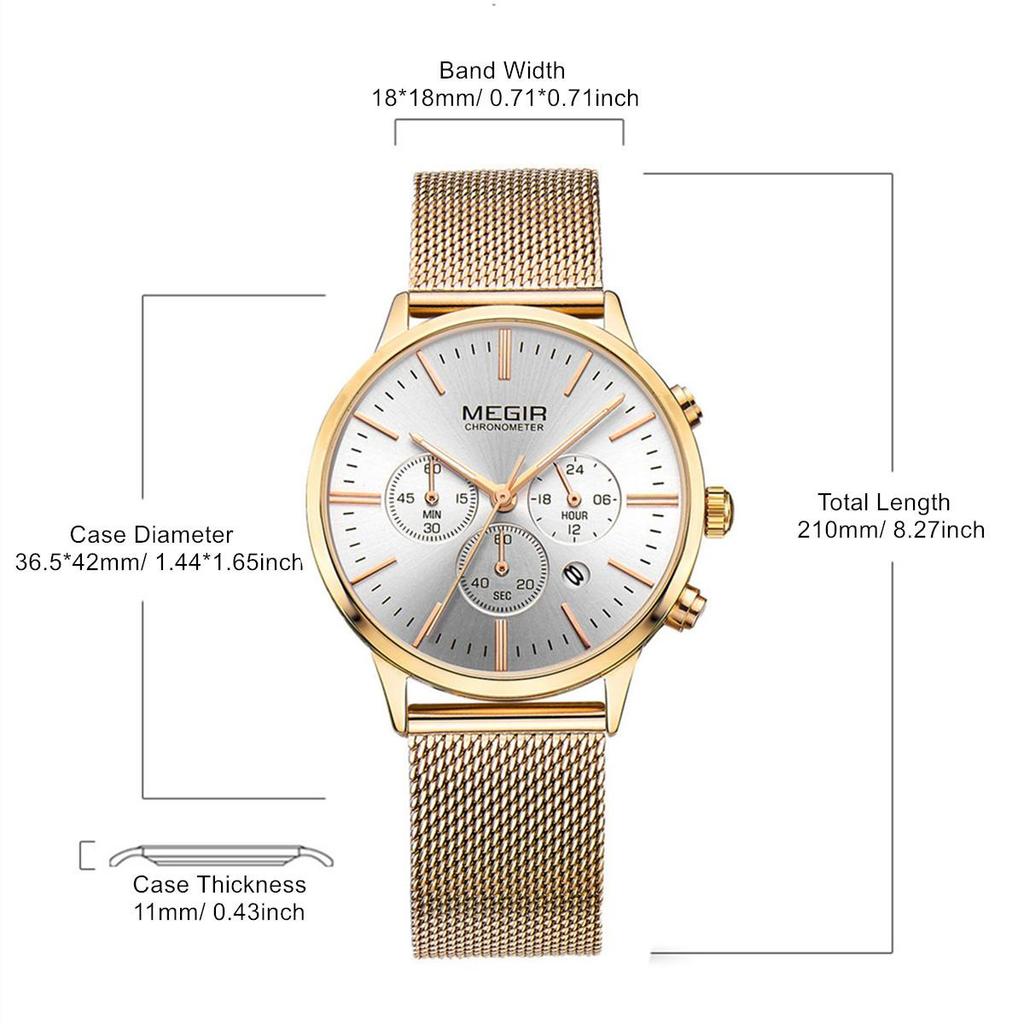 Megir Women's Chronograph Luminous Hands Date Indicator Quartz Wrist Watches Lady Rose Gold M2011L-1