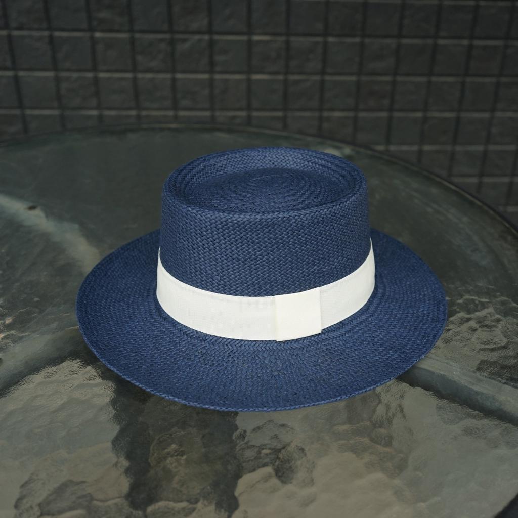 Navy Blue Flat Top Straw Hat Women'S Summer Seaside Sunshade Sun Protection Leisure Beach Vacation Woven Hat Elegant