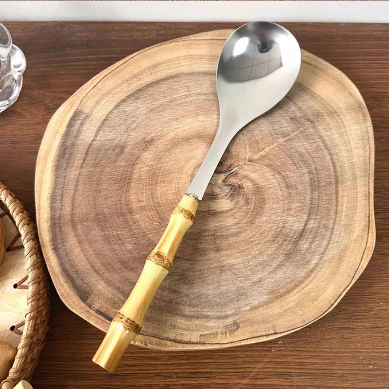 1 Stück Bambusgriff Besteck Salatgabel Löffel Besteck Spiegel Edelstahl Besteck Western Heim Küche Geschirr