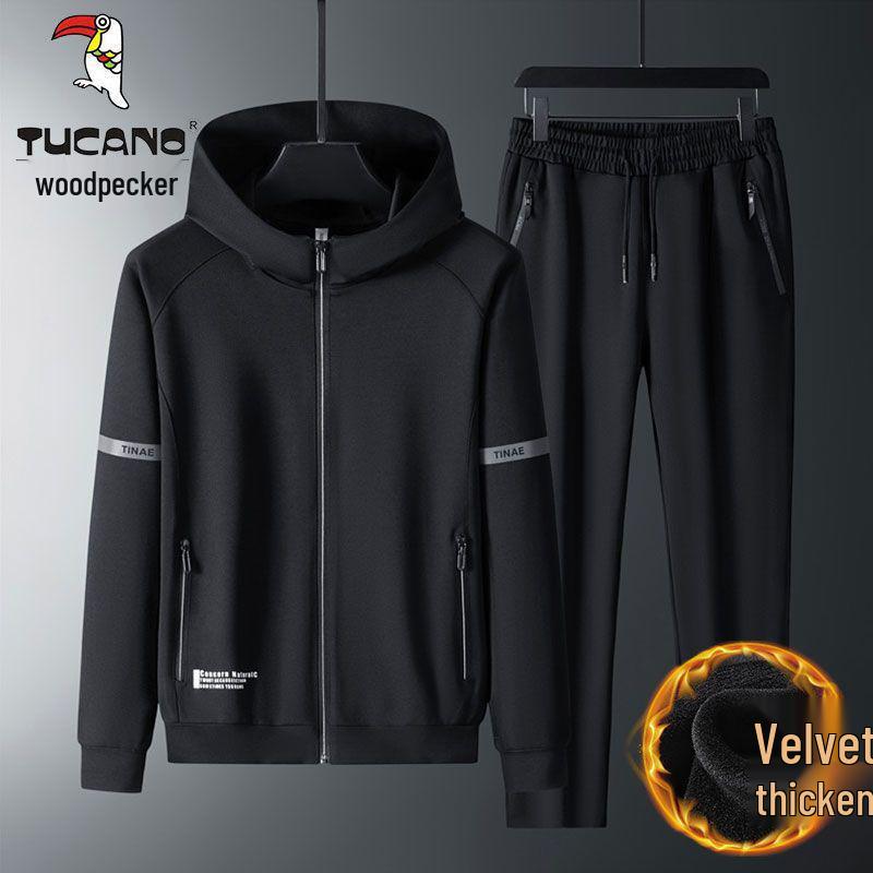 Męski zestaw bluzy z kapturem i spodni z podszewką z polaru Włoski Dzięcioł