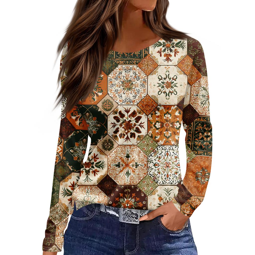 Women's Fashion Hem Slit Casual Retro Floral Print Round Neck Long Sleeve Top