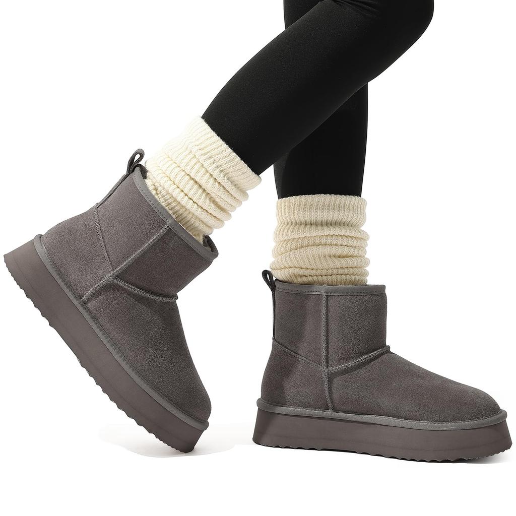 Bebealy Echtsuede Damen Schneestiefel Winter Fuzzy Mini Stiefel Warm Rutschfest Stiefeletten Klassische Wolle Fellstiefel für Damen